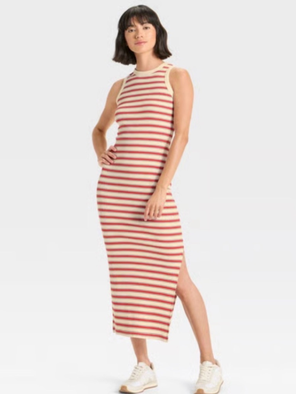 Universal Thread Ribbed Knit Maxi Bodycon Dress Striped Red Cream Size Large
